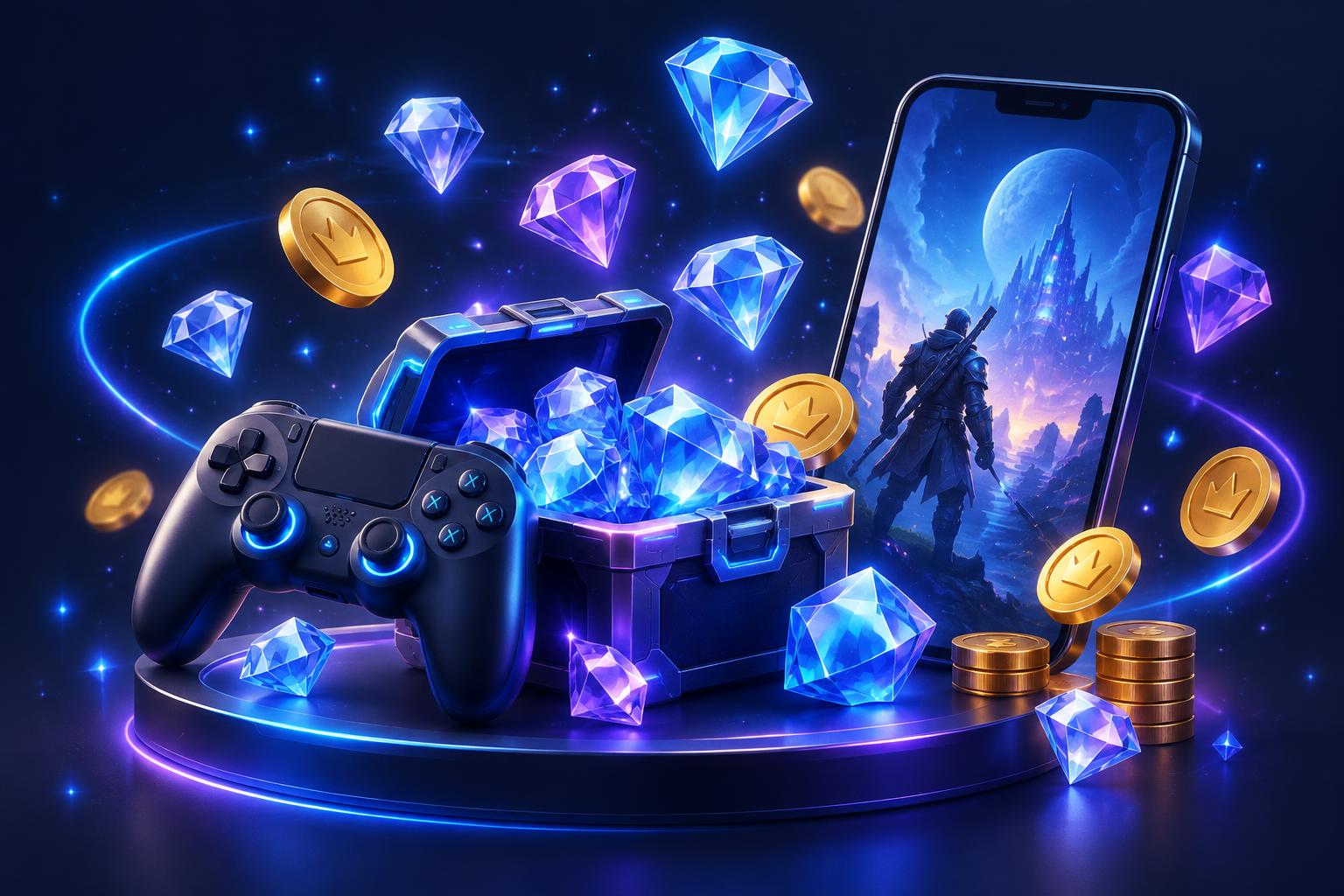 Ilustrasi top up game dengan diamond dan koin